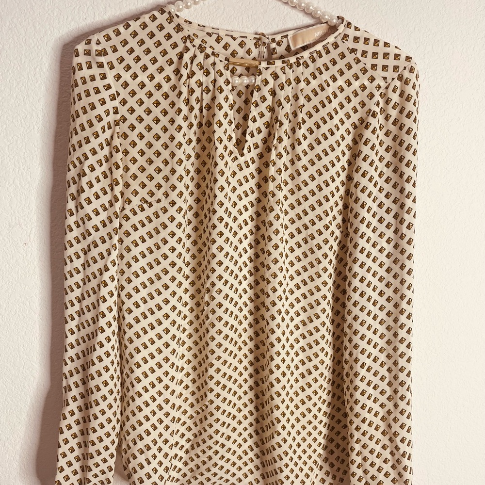 Michael Kors Cream and Brown Geometric Blouse